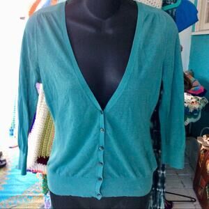 NWOT Y2K  BANANA REPUBLIC TURQUOISE COTTON LINEN CARDIGAN SWEATER